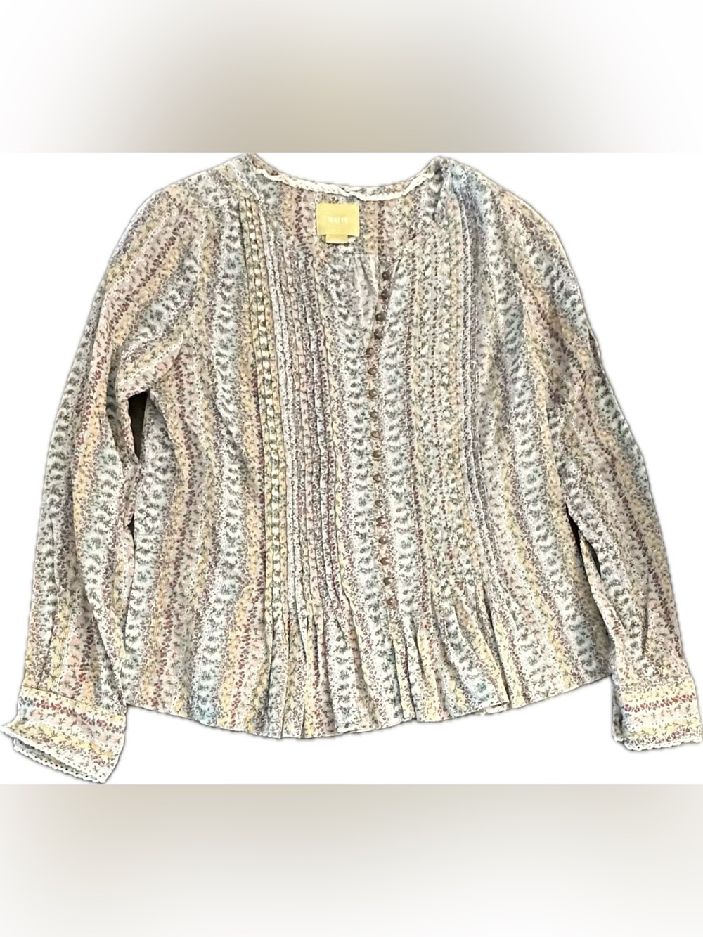 Anthropologie Cream Multicolor Pintuck Peasant Blouse